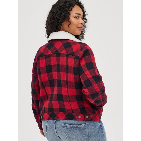NWT Torrid Sherpa Lined Trucker Buffalo Plaid Jacket Red Plus Size 3 3X H12808 - Picture 5 of 14